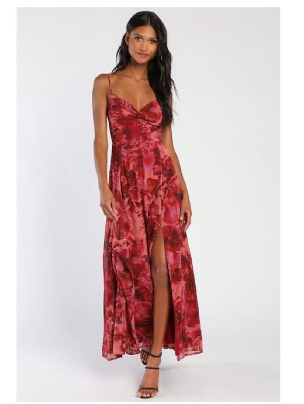 Lulu's Red Floral Maxi Dress with Slit